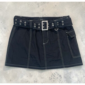90s Y2K Black Denim Cargo Pocket Micro Mini Skirt Sz Large Indie Sleaze Grunge